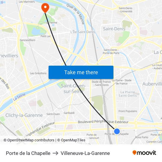 Porte de la Chapelle to Villeneuve-La-Garenne map