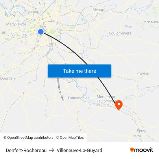 Denfert-Rochereau to Villeneuve-La-Guyard map