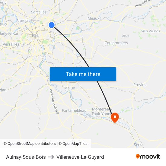 Aulnay-Sous-Bois to Villeneuve-La-Guyard map