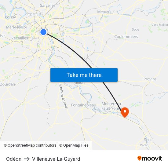 Odéon to Villeneuve-La-Guyard map