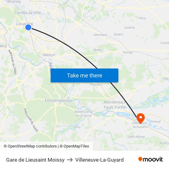 Gare de Lieusaint Moissy to Villeneuve-La-Guyard map