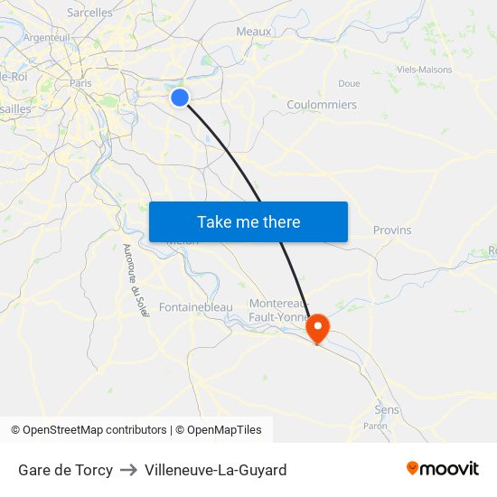 Gare de Torcy to Villeneuve-La-Guyard map