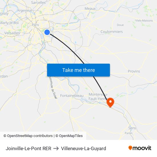 Joinville-Le-Pont RER to Villeneuve-La-Guyard map