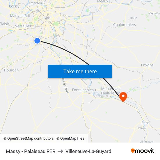 Massy - Palaiseau RER to Villeneuve-La-Guyard map