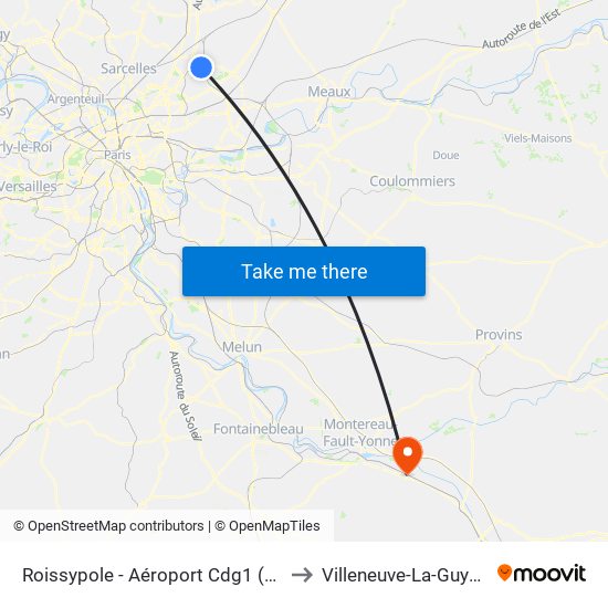 Roissypole - Aéroport Cdg1 (D1) to Villeneuve-La-Guyard map