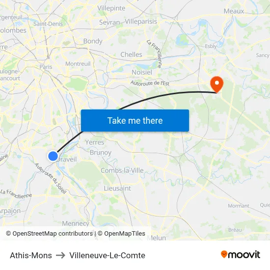 Athis-Mons to Villeneuve-Le-Comte map