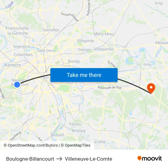 Boulogne-Billancourt to Villeneuve-Le-Comte map