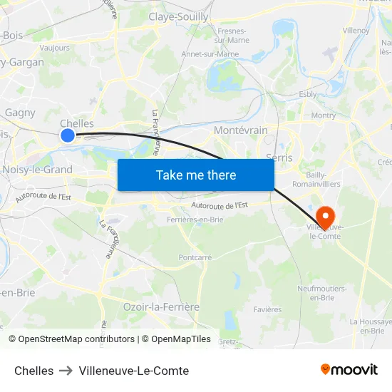 Chelles to Villeneuve-Le-Comte map