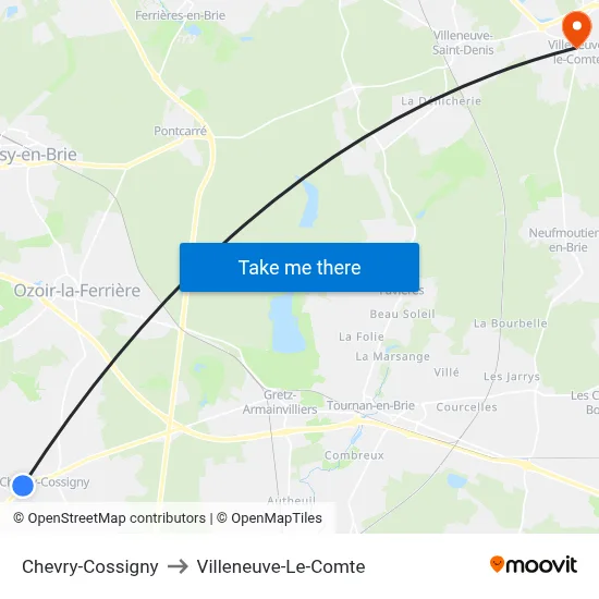 Chevry-Cossigny to Villeneuve-Le-Comte map