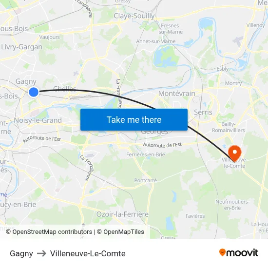 Gagny to Villeneuve-Le-Comte map