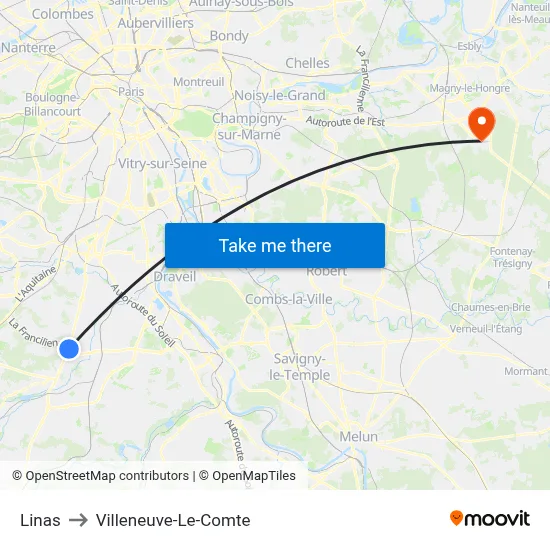 Linas to Villeneuve-Le-Comte map