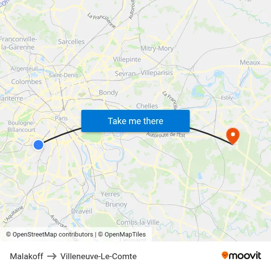 Malakoff to Villeneuve-Le-Comte map