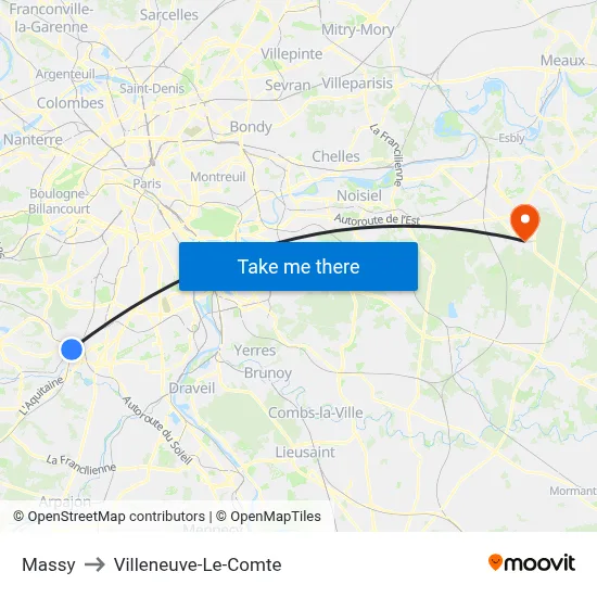 Massy to Villeneuve-Le-Comte map