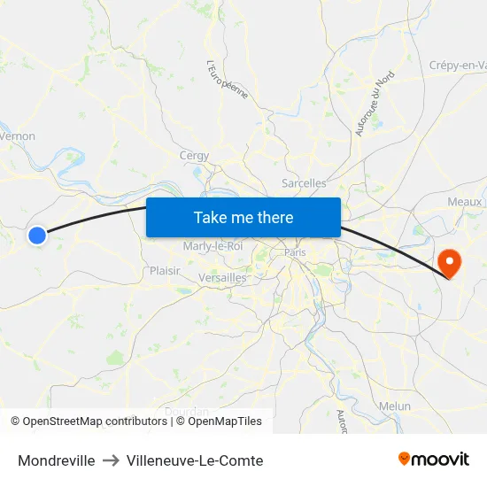 Mondreville to Villeneuve-Le-Comte map