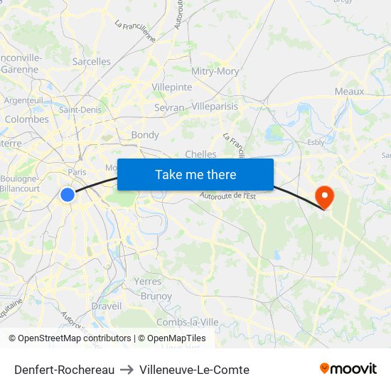 Denfert-Rochereau to Villeneuve-Le-Comte map