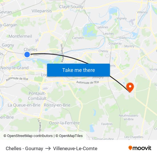 Chelles - Gournay to Villeneuve-Le-Comte map