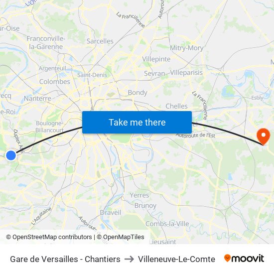 Gare de Versailles - Chantiers to Villeneuve-Le-Comte map