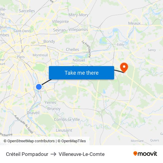Créteil Pompadour to Villeneuve-Le-Comte map