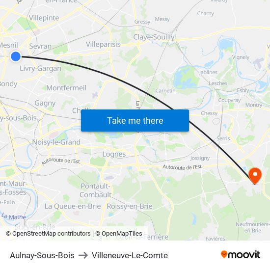 Aulnay-Sous-Bois to Villeneuve-Le-Comte map