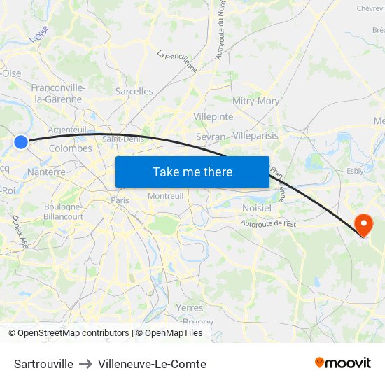 Sartrouville to Villeneuve-Le-Comte map