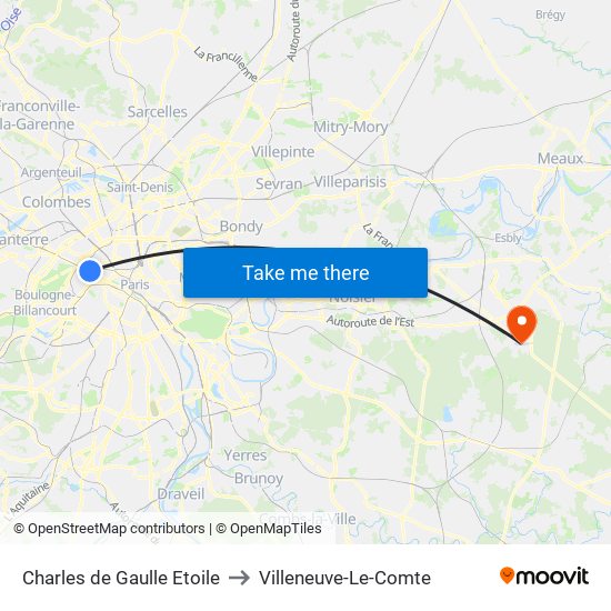 Charles de Gaulle Etoile to Villeneuve-Le-Comte map