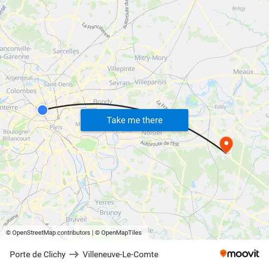 Porte de Clichy to Villeneuve-Le-Comte map
