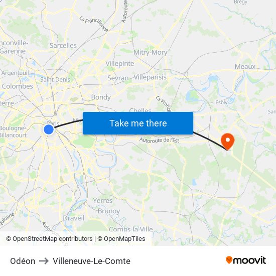 Odéon to Villeneuve-Le-Comte map