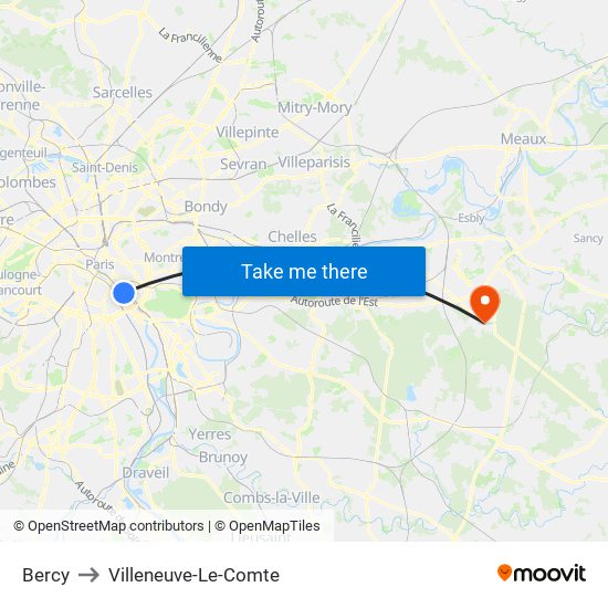 Bercy to Villeneuve-Le-Comte map
