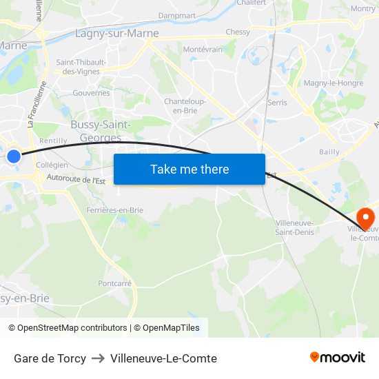 Gare de Torcy to Villeneuve-Le-Comte map