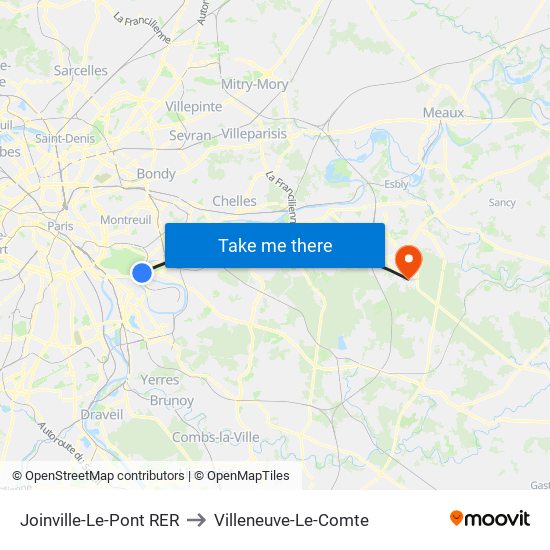 Joinville-Le-Pont RER to Villeneuve-Le-Comte map