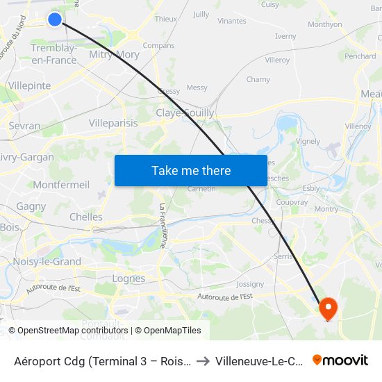 Aéroport Cdg (Terminal 3 – Roissypôle) to Villeneuve-Le-Comte map