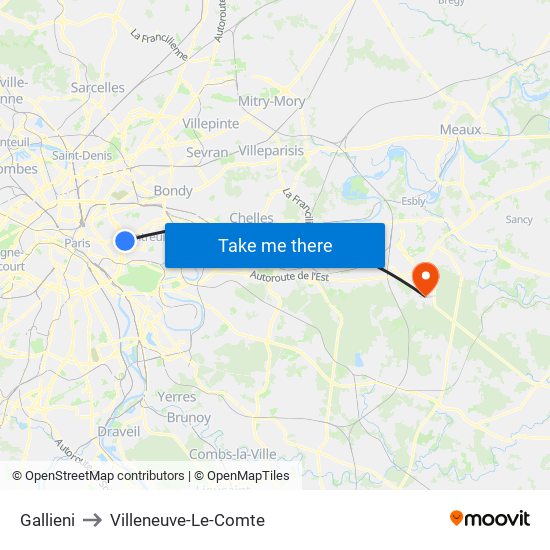 Gallieni to Villeneuve-Le-Comte map