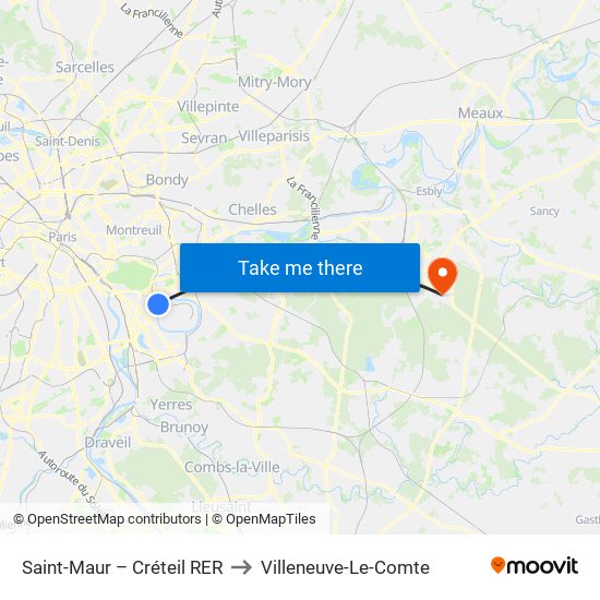 Saint-Maur – Créteil RER to Villeneuve-Le-Comte map