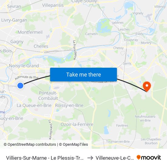 Villiers-Sur-Marne - Le Plessis-Trévise RER to Villeneuve-Le-Comte map