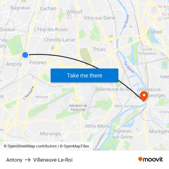 Antony to Villeneuve-Le-Roi map
