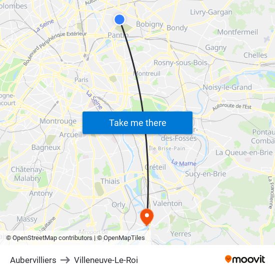 Aubervilliers to Villeneuve-Le-Roi map