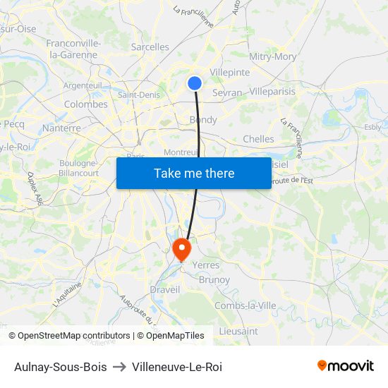 Aulnay-Sous-Bois to Villeneuve-Le-Roi map