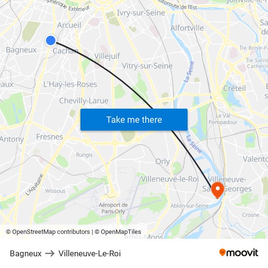 Bagneux to Villeneuve-Le-Roi map