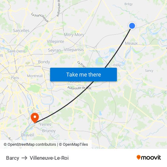 Barcy to Villeneuve-Le-Roi map