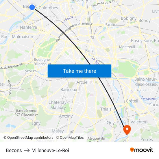 Bezons to Villeneuve-Le-Roi map