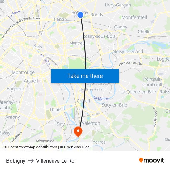 Bobigny to Villeneuve-Le-Roi map