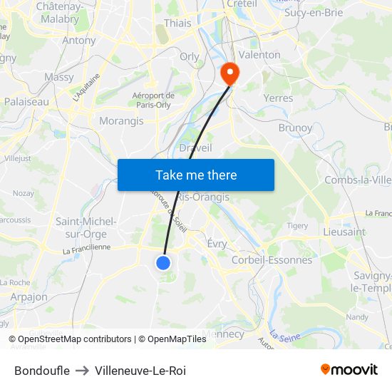 Bondoufle to Villeneuve-Le-Roi map