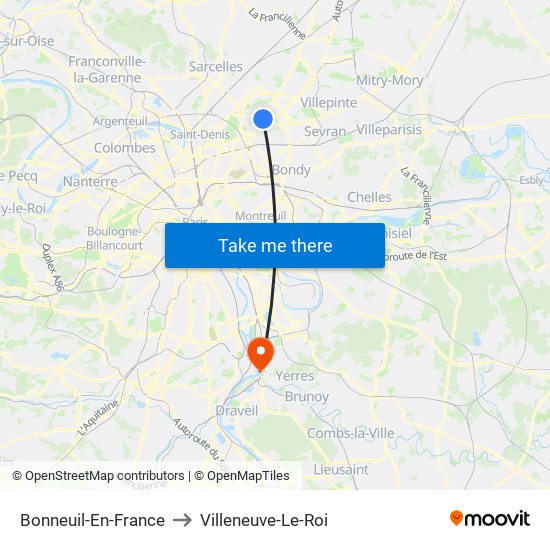 Bonneuil-En-France to Villeneuve-Le-Roi map