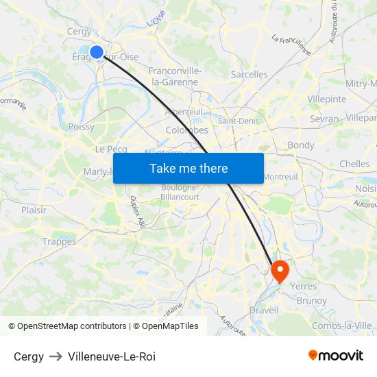 Cergy to Villeneuve-Le-Roi map