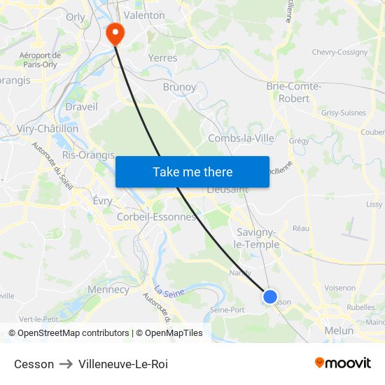 Cesson to Villeneuve-Le-Roi map