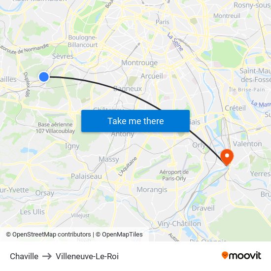 Chaville to Villeneuve-Le-Roi map