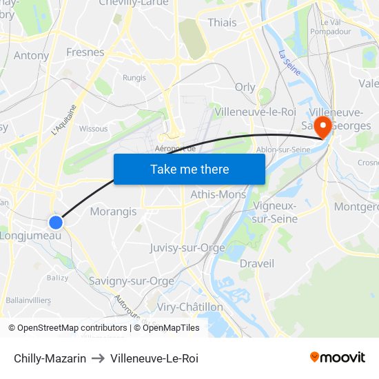 Chilly-Mazarin to Villeneuve-Le-Roi map
