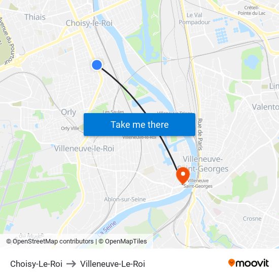 Choisy-Le-Roi to Villeneuve-Le-Roi map