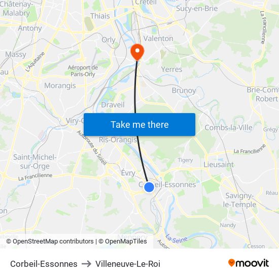 Corbeil-Essonnes to Villeneuve-Le-Roi map