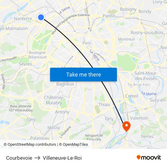 Courbevoie to Villeneuve-Le-Roi map